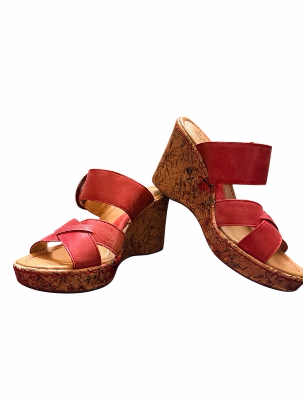 BOC Born Concept Red Leather Floral Cork Wedge Sandals Size 7 Platform Slides